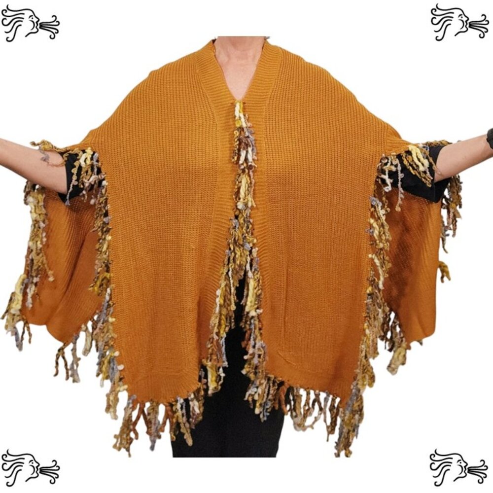 Upcycled Mustard Yellow Sweater Poncho Handknotted Fringe Crocheted Scarf